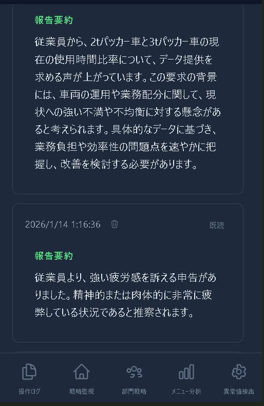 管理者に届く匿名ヒアリングの報告要約 — 原文は見えず、AIが要約した改善レポートのみ