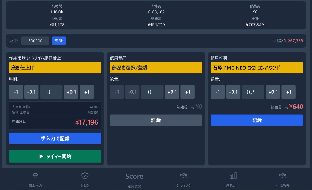 GSTA2 実機画面 — 受注50万円、原価¥767,359、利益▲¥267,359。間接費が利益を食い潰している現実がリアルタイムで見える